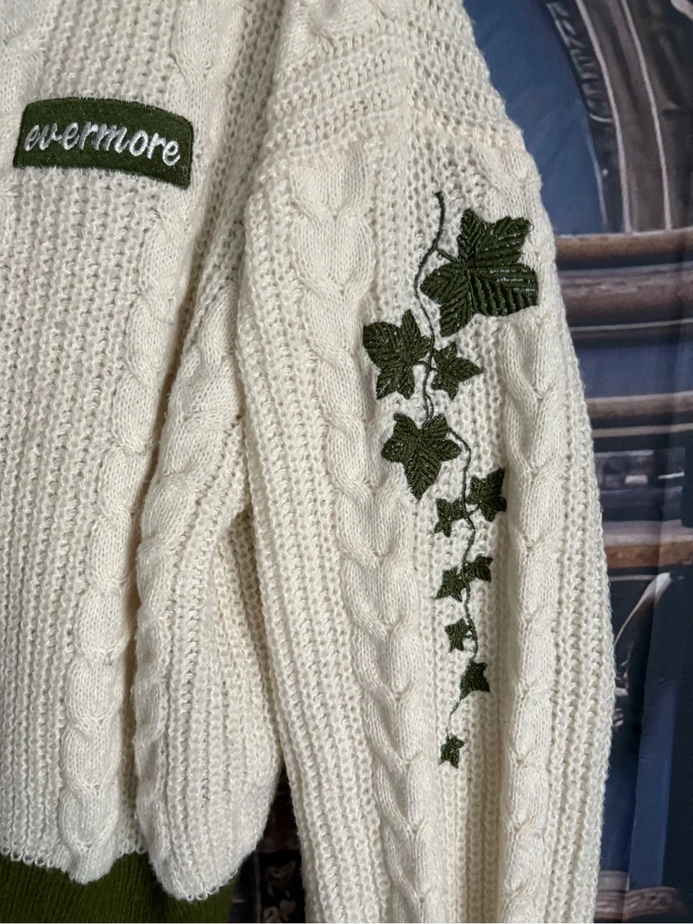 T.S. Evermore Cream Cable Knit Cardigan with Olive Trim - Picture 2 of 7